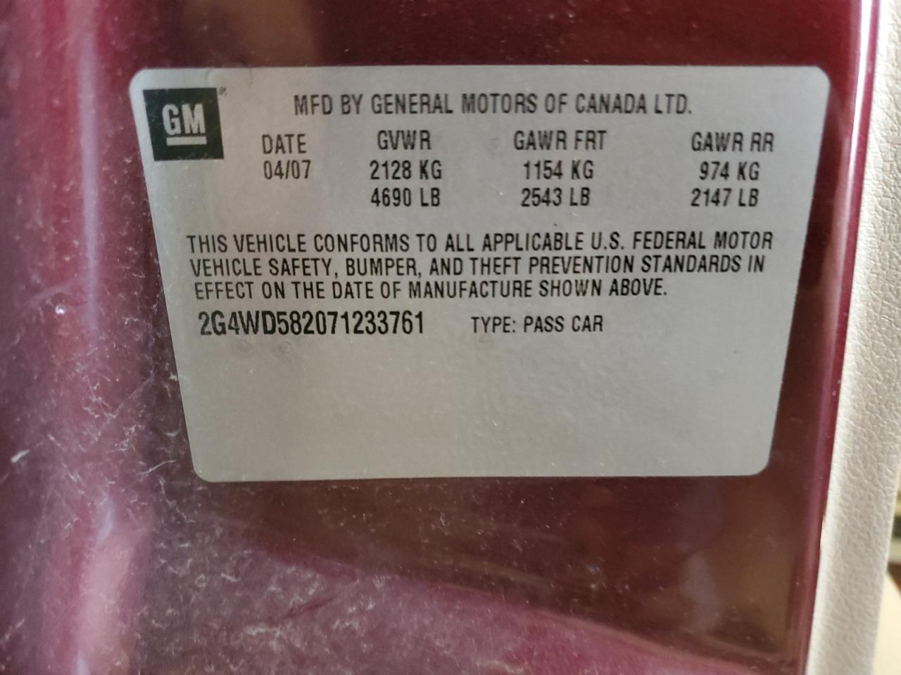 2007 Buick Lacrosse Cxl VIN: 2G4WD582071233761 Lot: 58777604