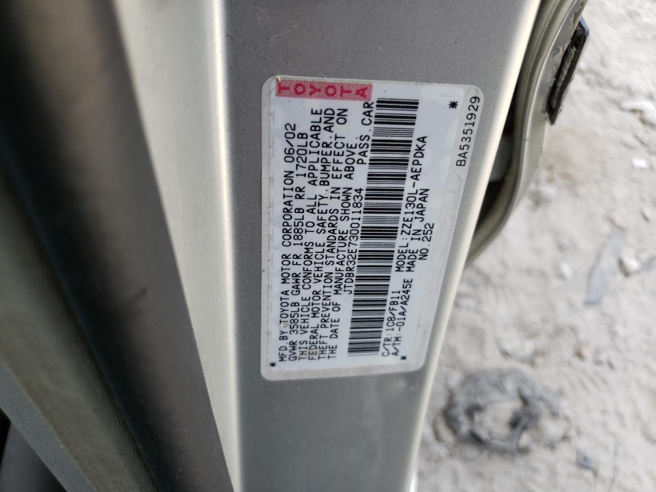 2003 Toyota Corolla Ce VIN: JTDBR32E730011834 Lot: 61034424