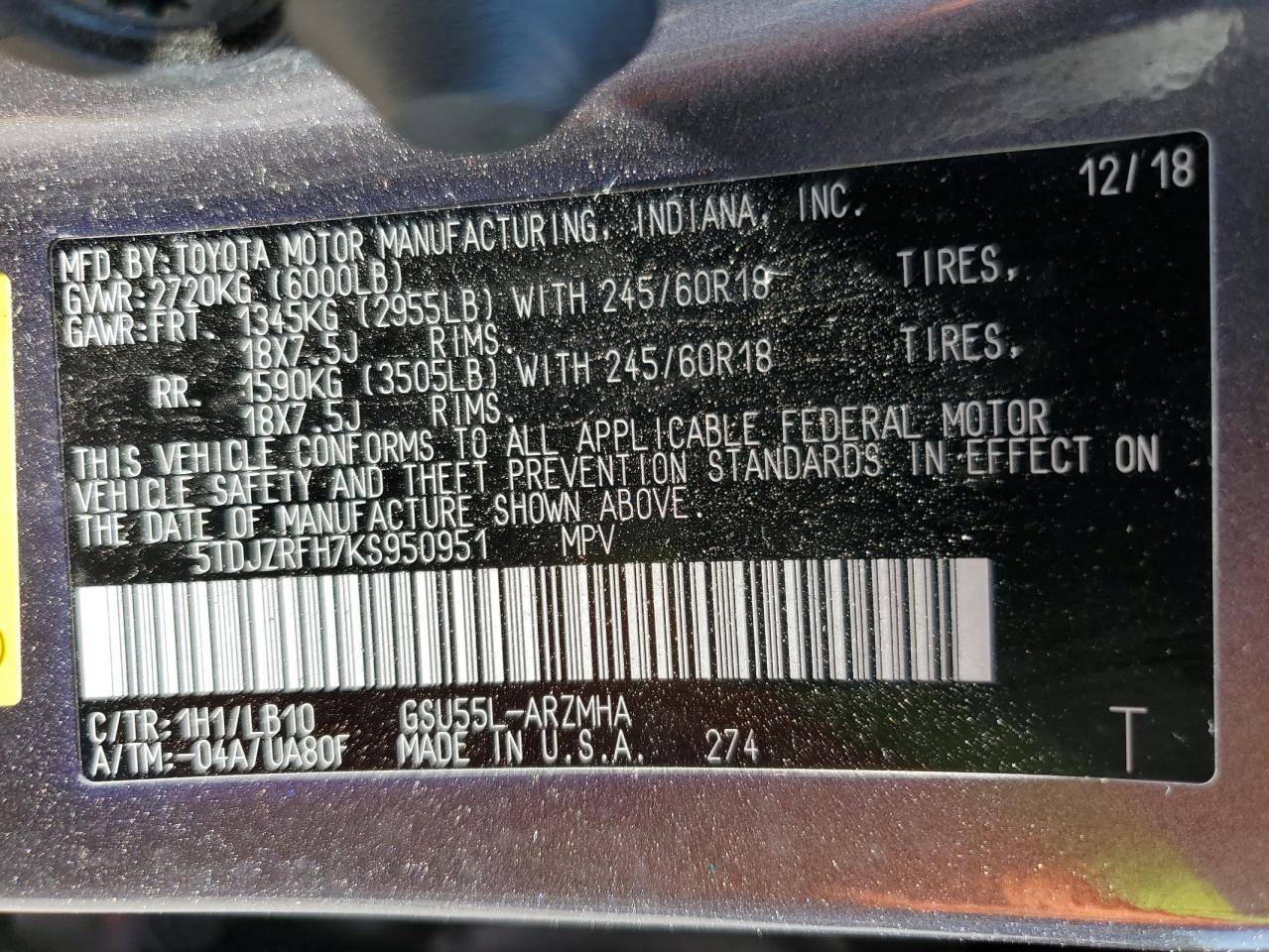 2019 Toyota Highlander Se VIN: 5TDJZRFH7KS950951 Lot: 60311324