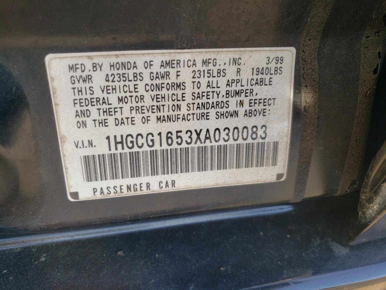 1999 Honda Accord Ex VIN: 1HGCG1653XA030083 Lot: 59412394
