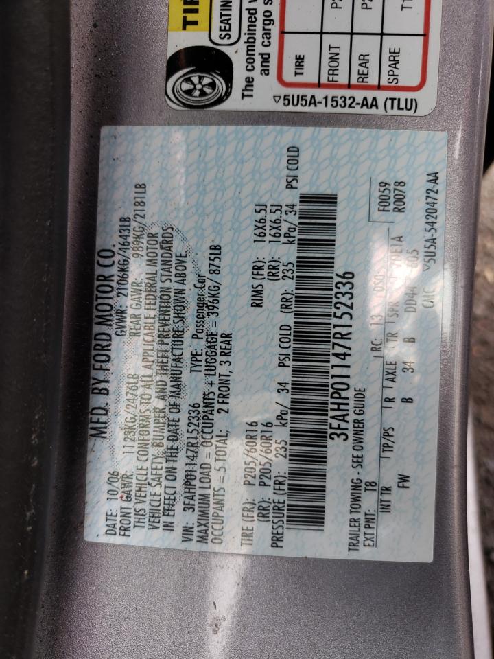 2007 Ford Fusion Se VIN: 3FAHP01147R152336 Lot: 60125314