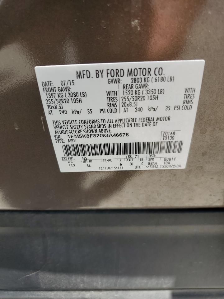 2016 Ford Explorer Limited VIN: 1FM5K8F82GGA46678 Lot: 57752724