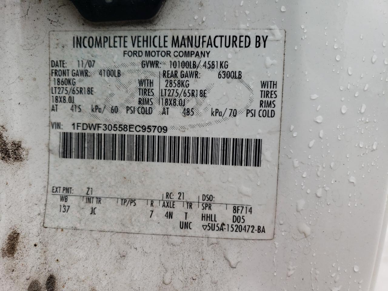 2008 Ford F350 Srw Super Duty VIN: 1FDWF30558EC95709 Lot: 56131804