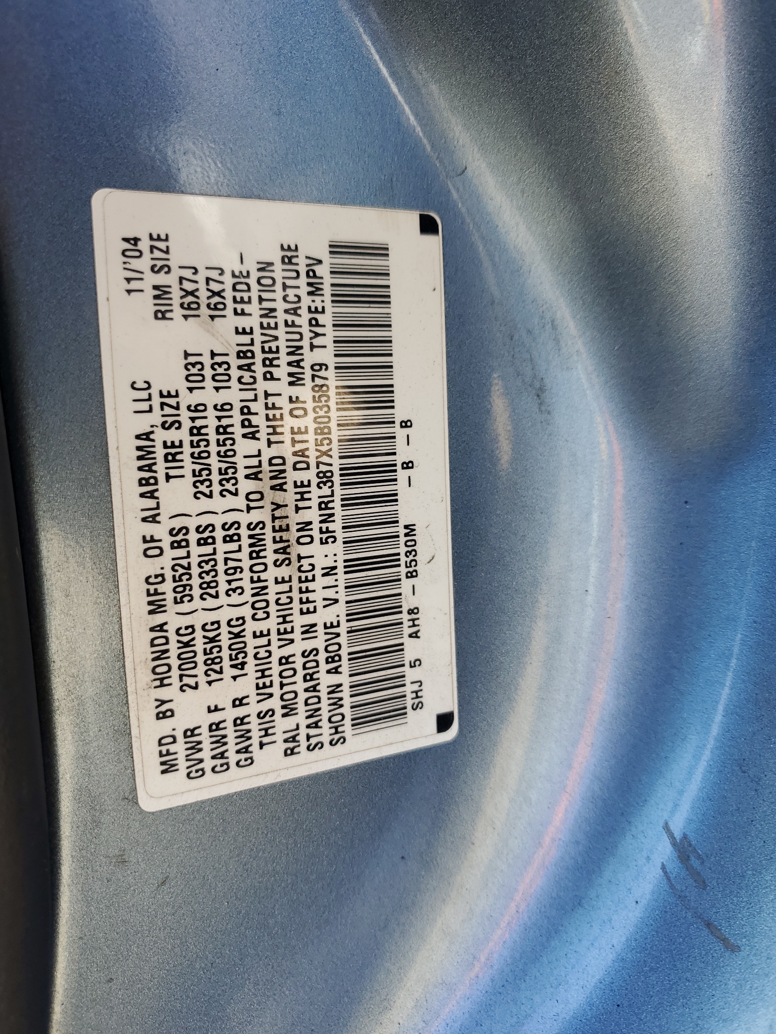 5FNRL387X5B035879 2005 Honda Odyssey Exl