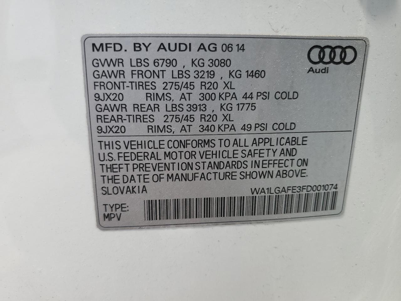 2015 Audi Q7 Premium Plus VIN: WA1LGAFE3FD001074 Lot: 58299334