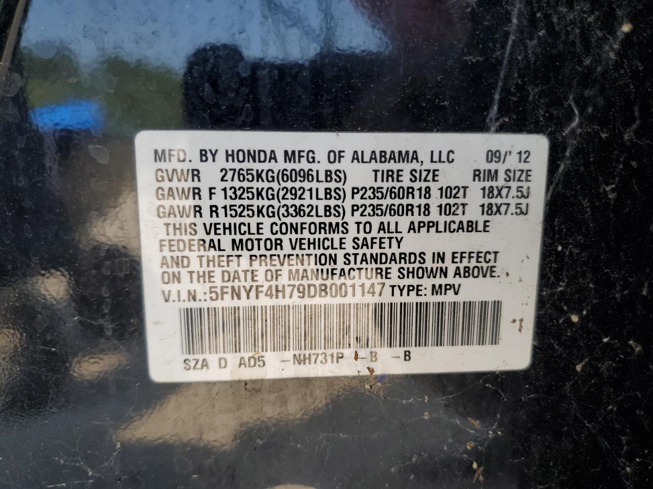 VIN 5FNYF4H79DB001147 2013 HONDA PILOT no.13