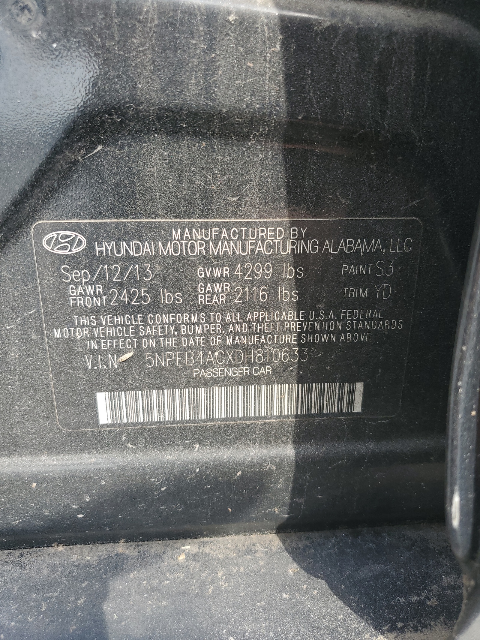 5NPEB4ACXDH810633 2013 Hyundai Sonata Gls