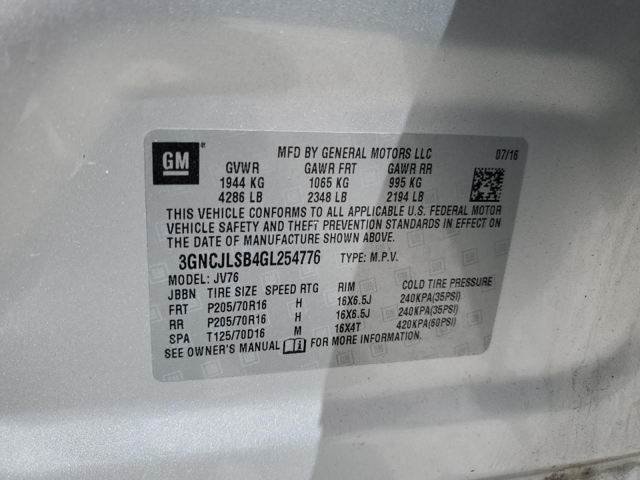 2016 Chevrolet Trax 1Lt VIN: 3GNCJLSB4GL254776 Lot: 59414844