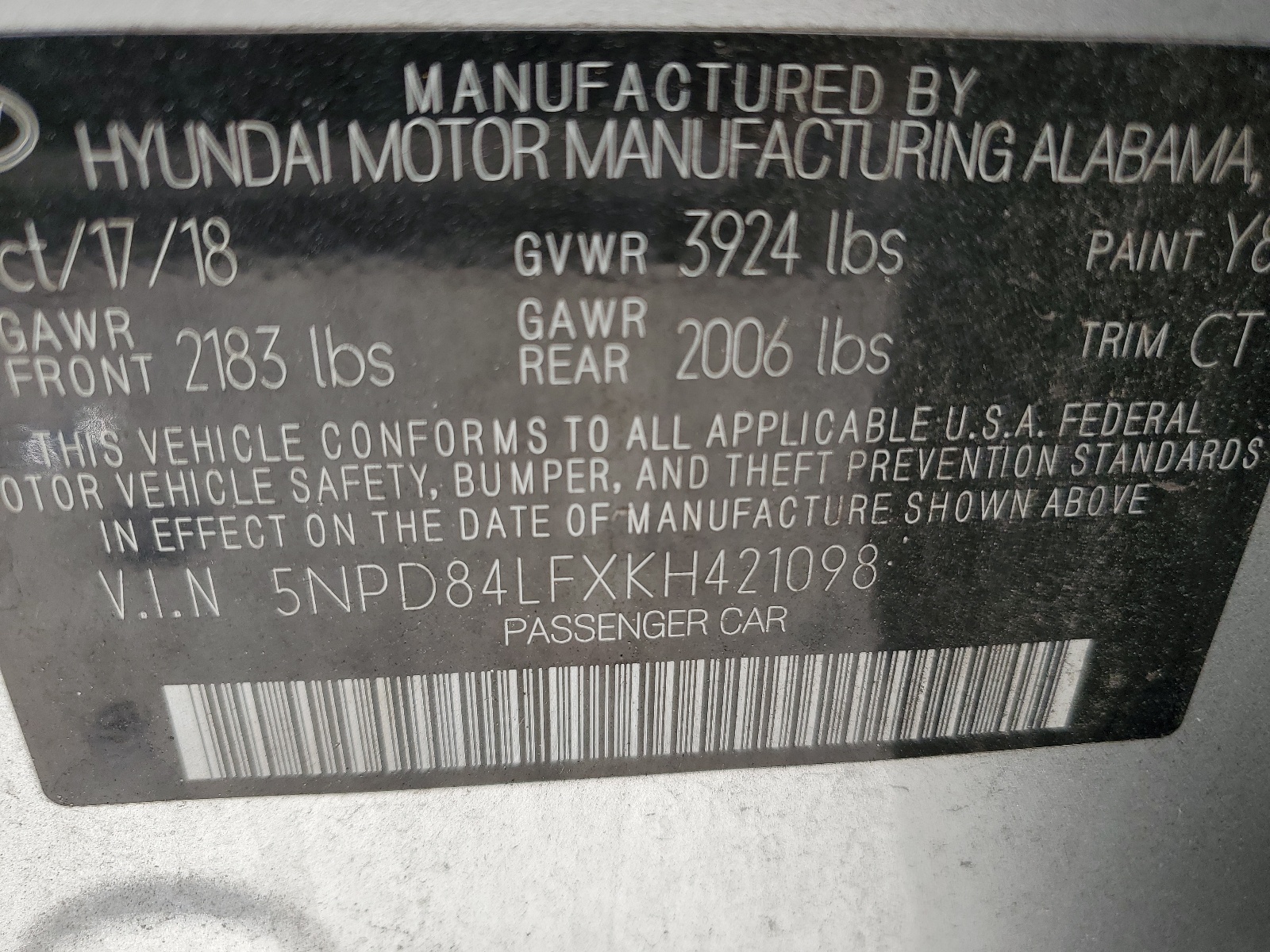 5NPD84LFXKH421098 2019 Hyundai Elantra Sel