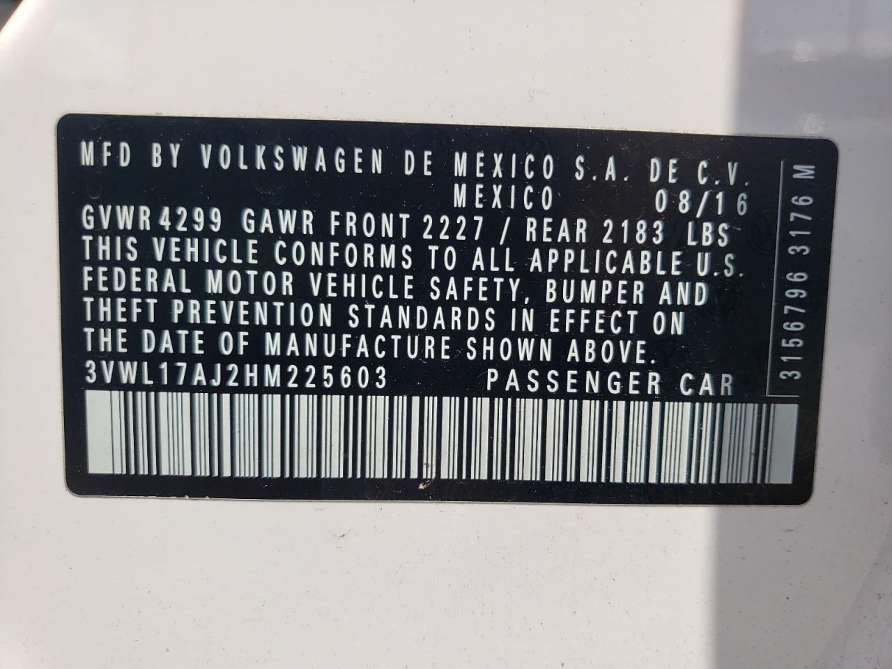 2017 Volkswagen Jetta Sel VIN: 3VWL17AJ2HM225603 Lot: 60127494
