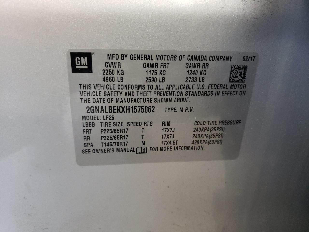 2017 Chevrolet Equinox Ls VIN: 2GNALBEKXH1575862 Lot: 57908814