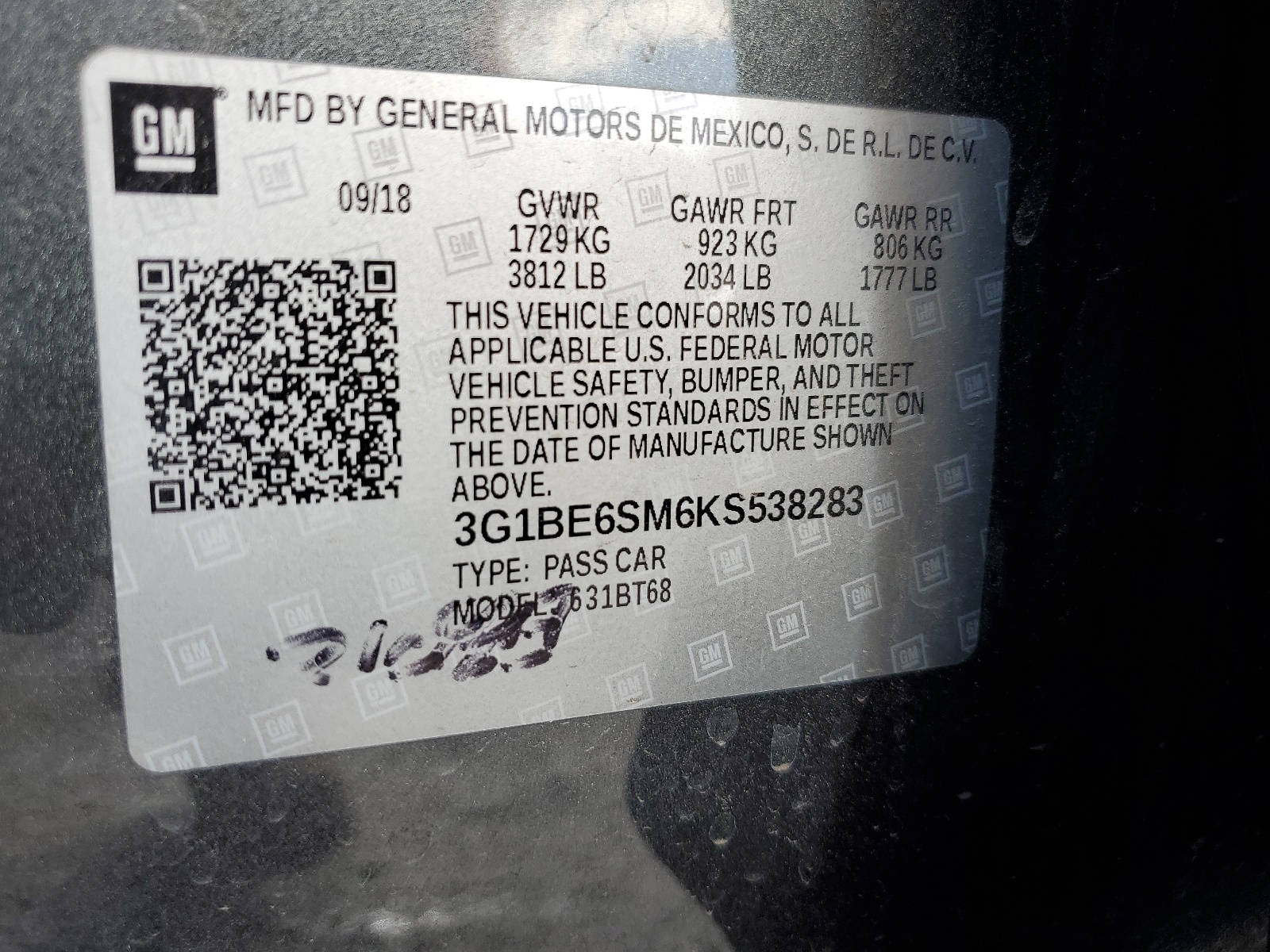 3G1BE6SM6KS538283 2019 Chevrolet Cruze Lt