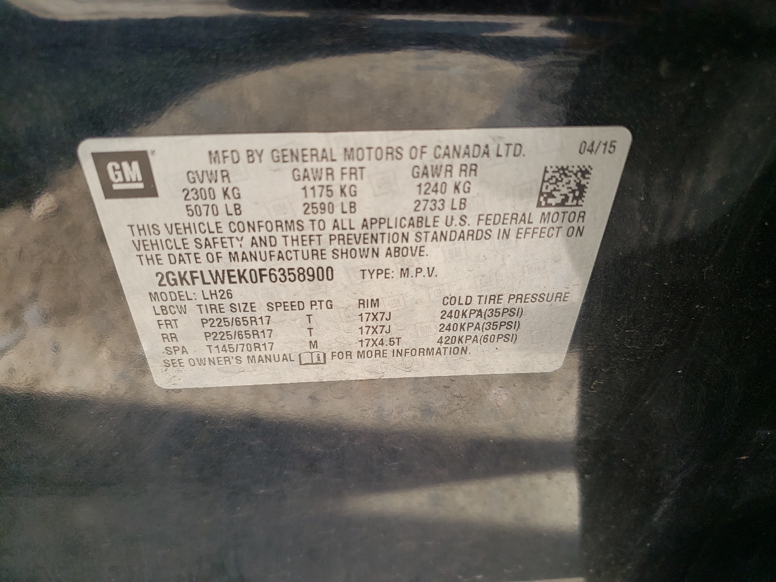 2GKFLWEK0F6358900 2015 GMC Terrain Sle