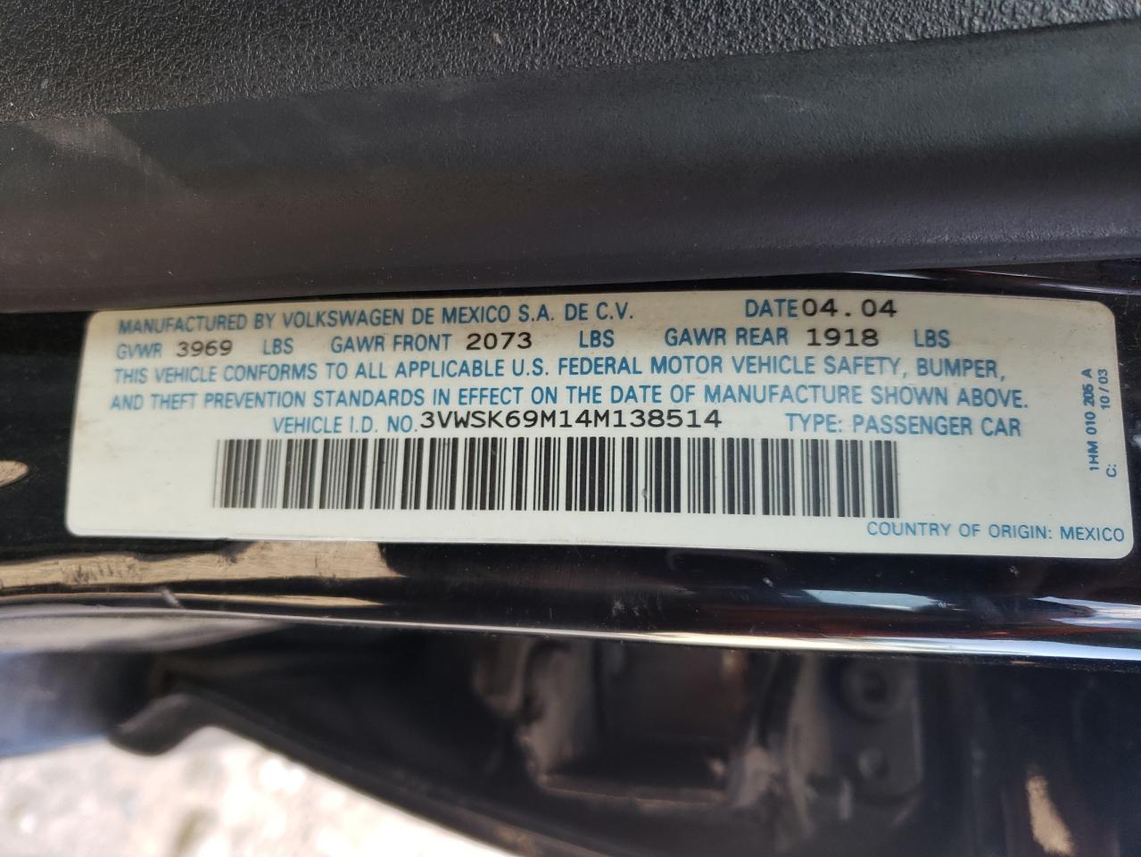 2004 Volkswagen Jetta Gls VIN: 3VWSK69M14M138514 Lot: 59007264