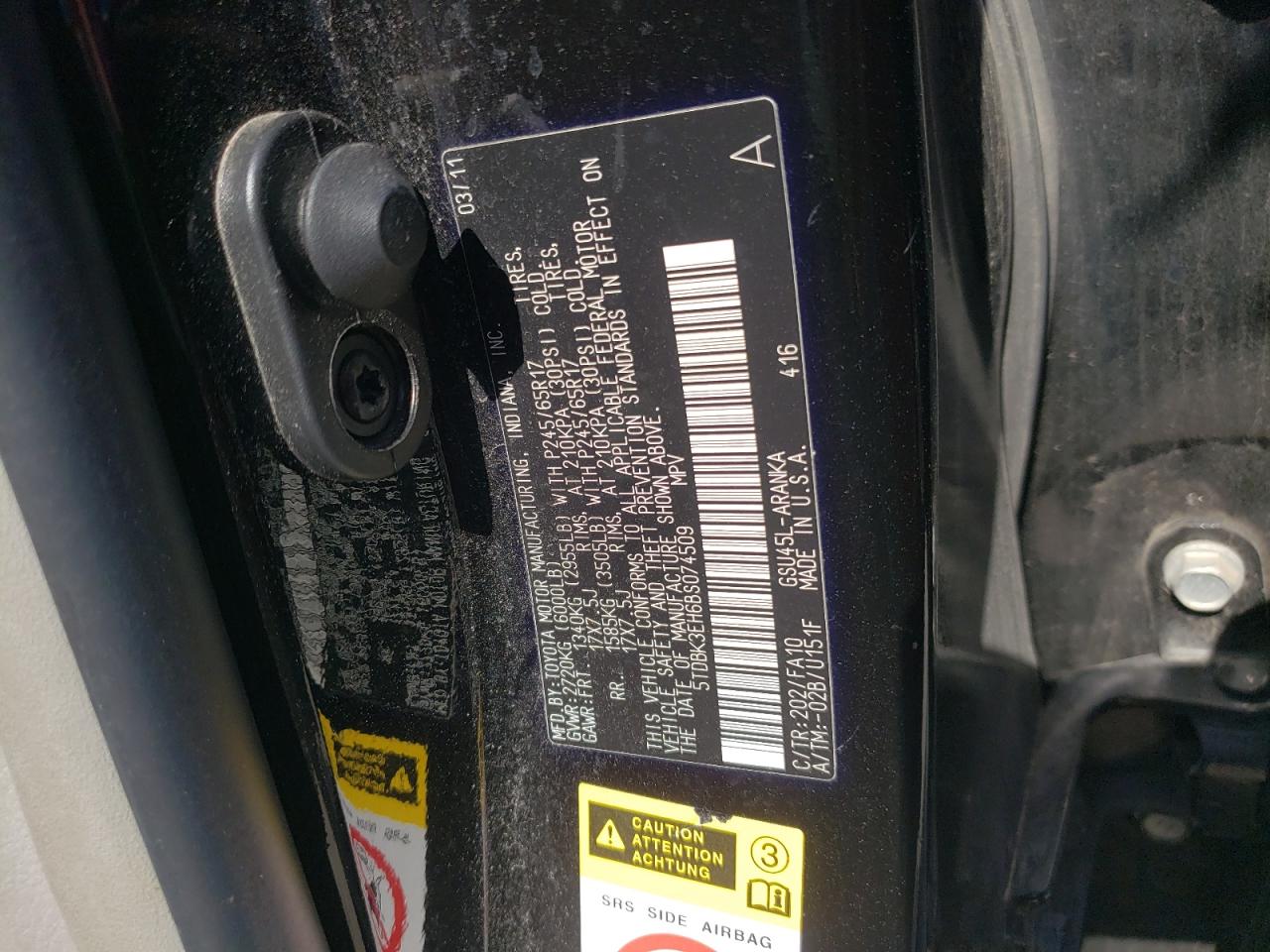 2011 Toyota Highlander Base VIN: 5TDBK3EH6BS074509 Lot: 60056024