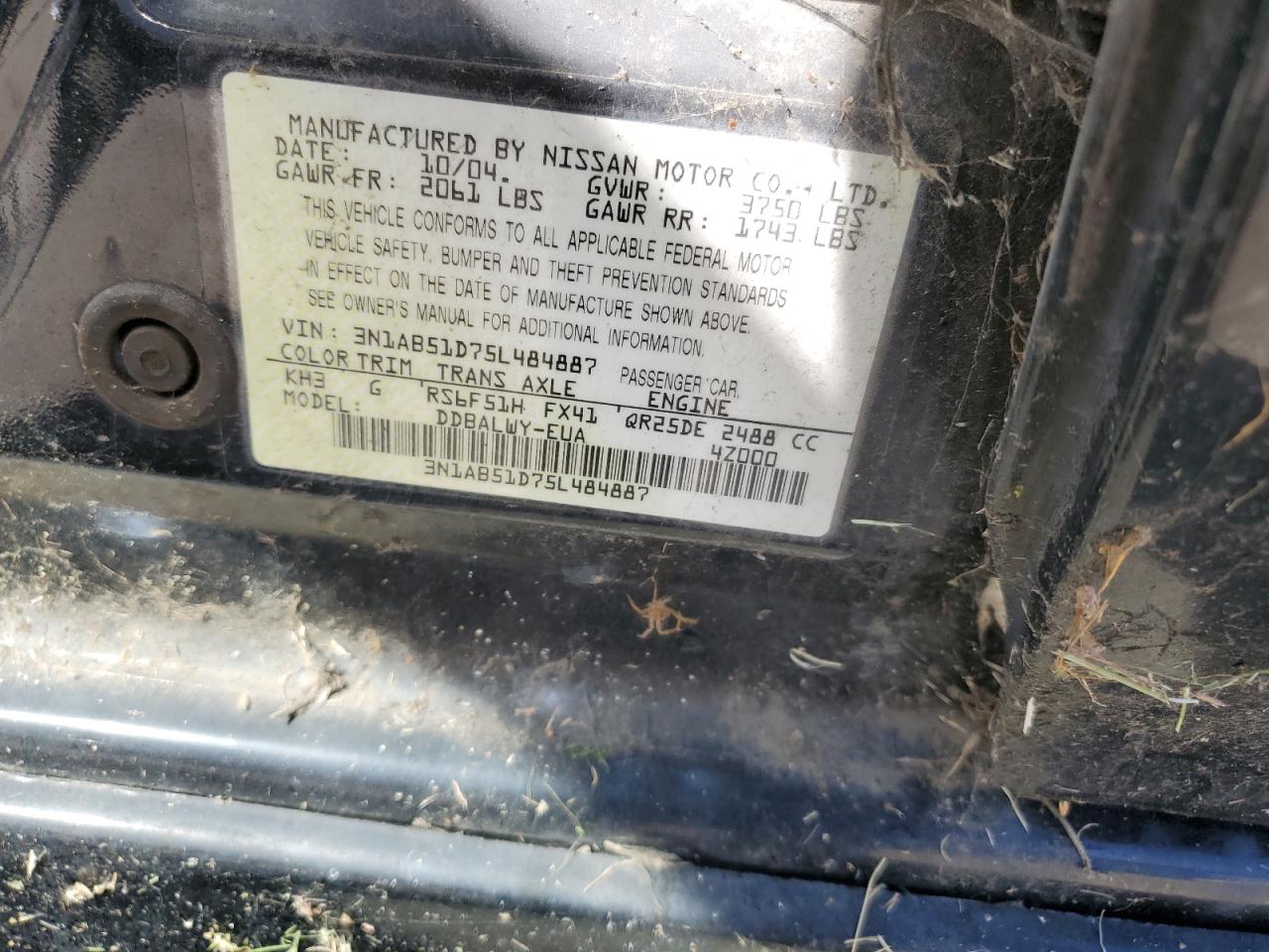 2005 Nissan Sentra Se-R Spec V VIN: 3N1AB51D75L484887 Lot: 60969724