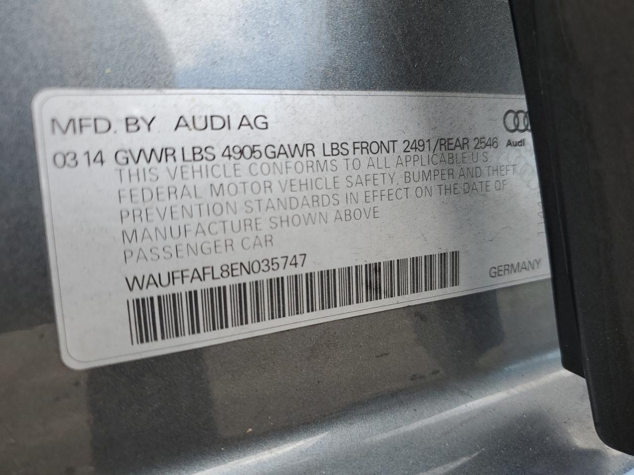 2014 Audi A4 Premium Plus VIN: WAUFFAFL8EN035747 Lot: 59278954