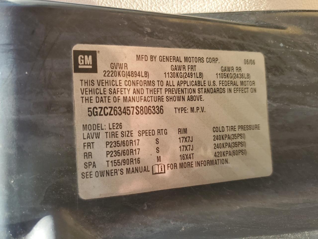 2007 Saturn Vue VIN: 5GZCZ63457S806336 Lot: 54884004