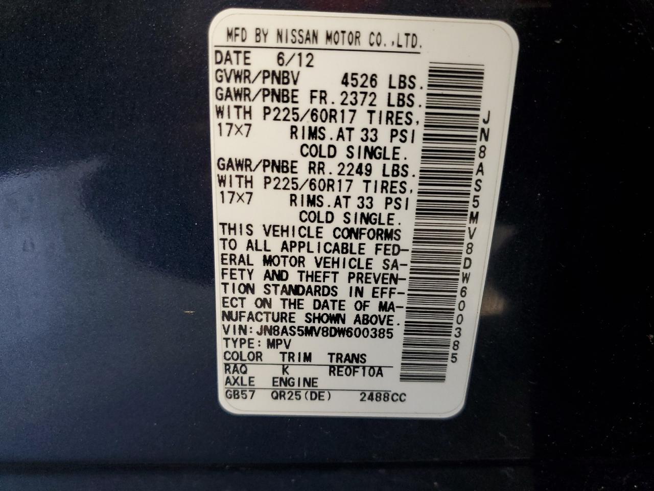 2013 Nissan Rogue S VIN: JN8AS5MV8DW600385 Lot: 60108004