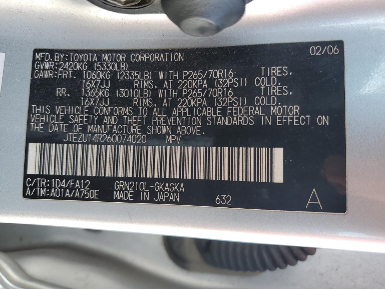 2006 Toyota 4Runner Sr5 VIN: JTEZU14R260074020 Lot: 61311734