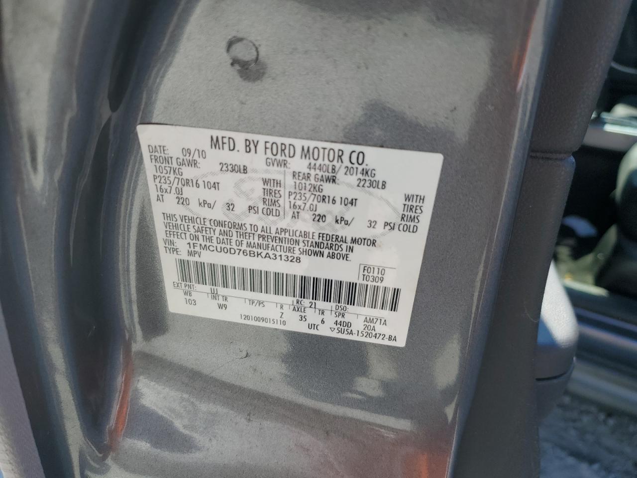 2011 Ford Escape Xlt VIN: 1FMCU0D76BKA31328 Lot: 59930824