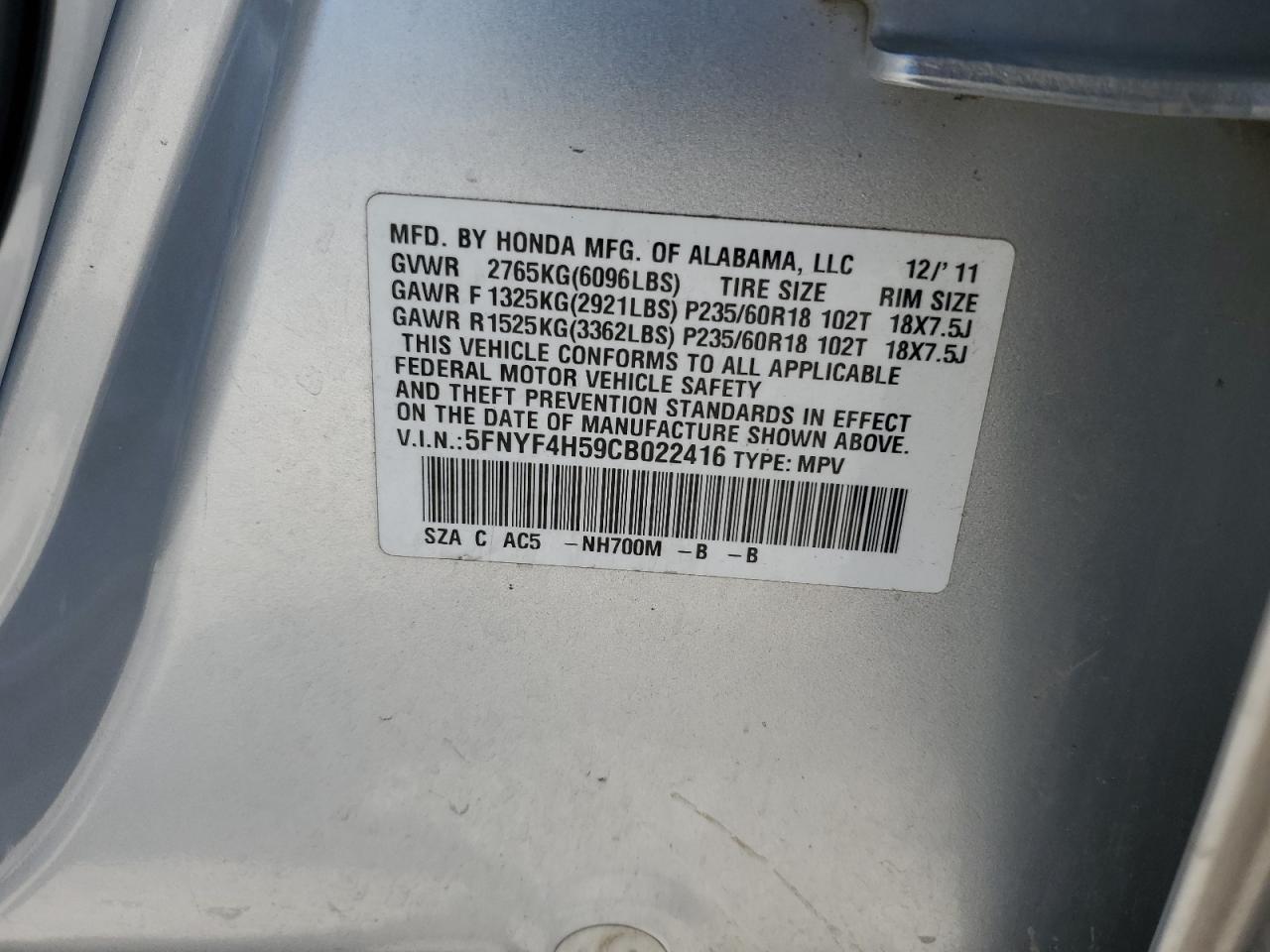 2012 Honda Pilot Exl VIN: 5FNYF4H59CB022416 Lot: 58902754