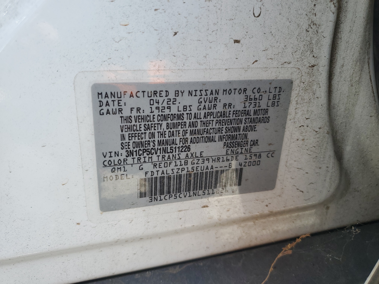 3N1CP5CV1NL511226 2022 Nissan Kicks Sv