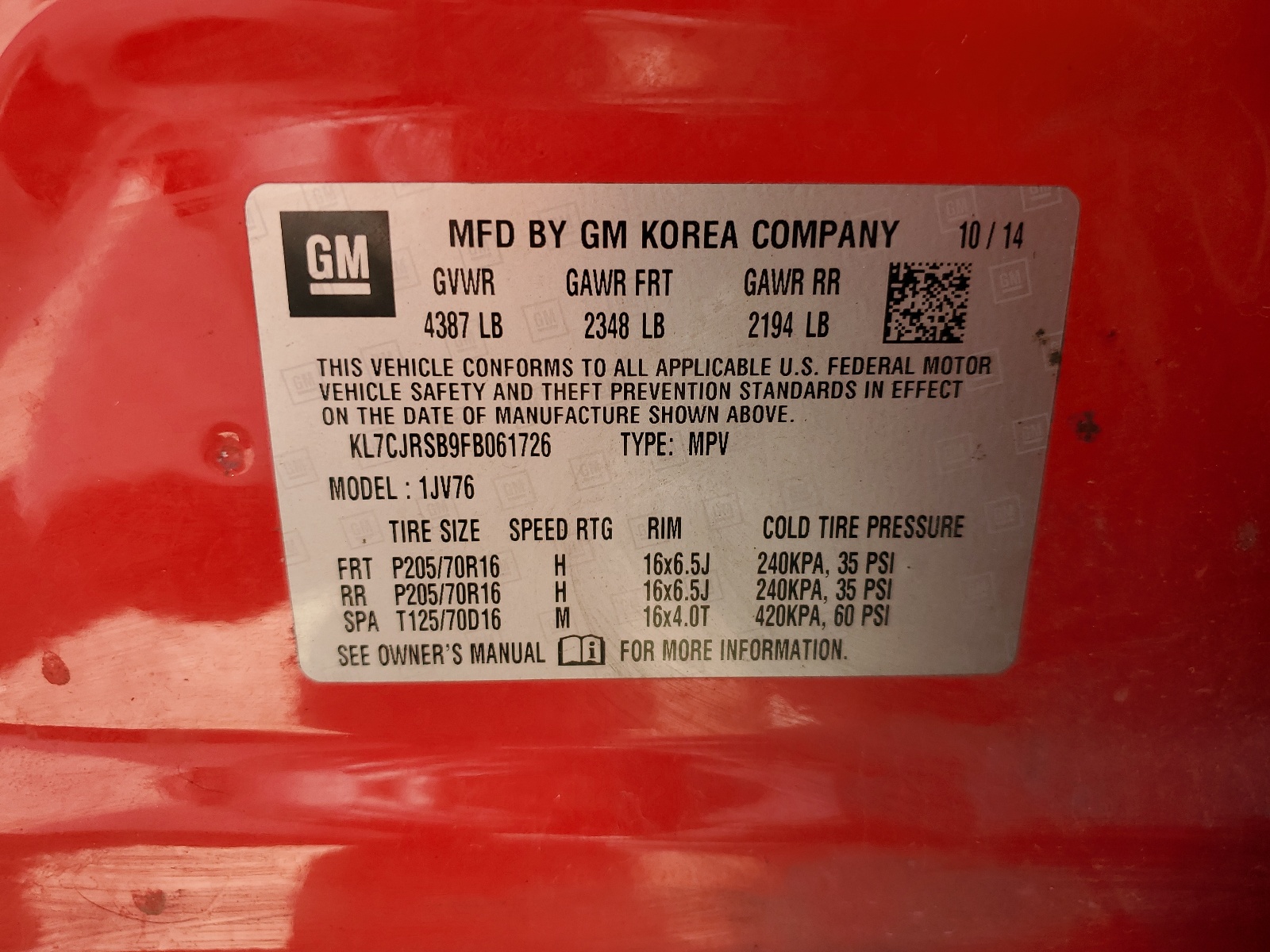 KL7CJRSB9FB061726 2015 Chevrolet Trax 1Lt