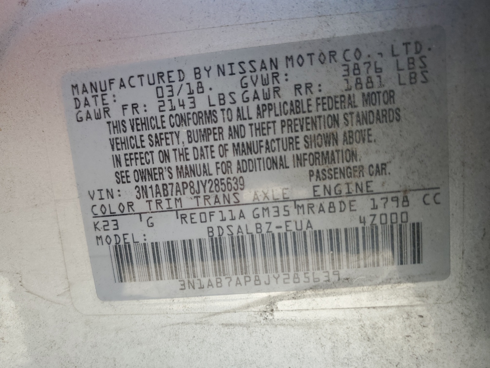 3N1AB7AP8JY285639 2018 Nissan Sentra S