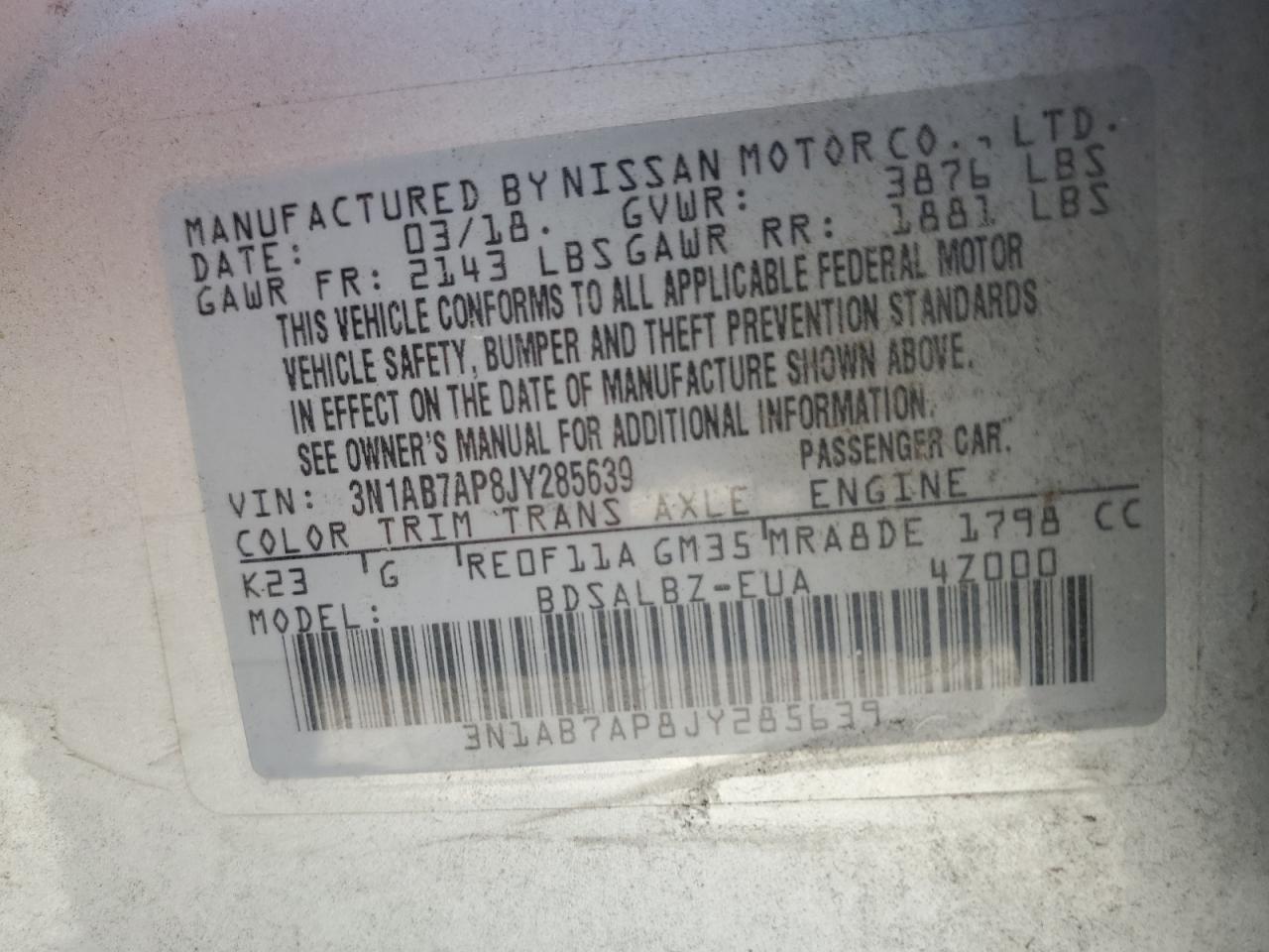 2018 Nissan Sentra S VIN: 3N1AB7AP8JY285639 Lot: 60543914