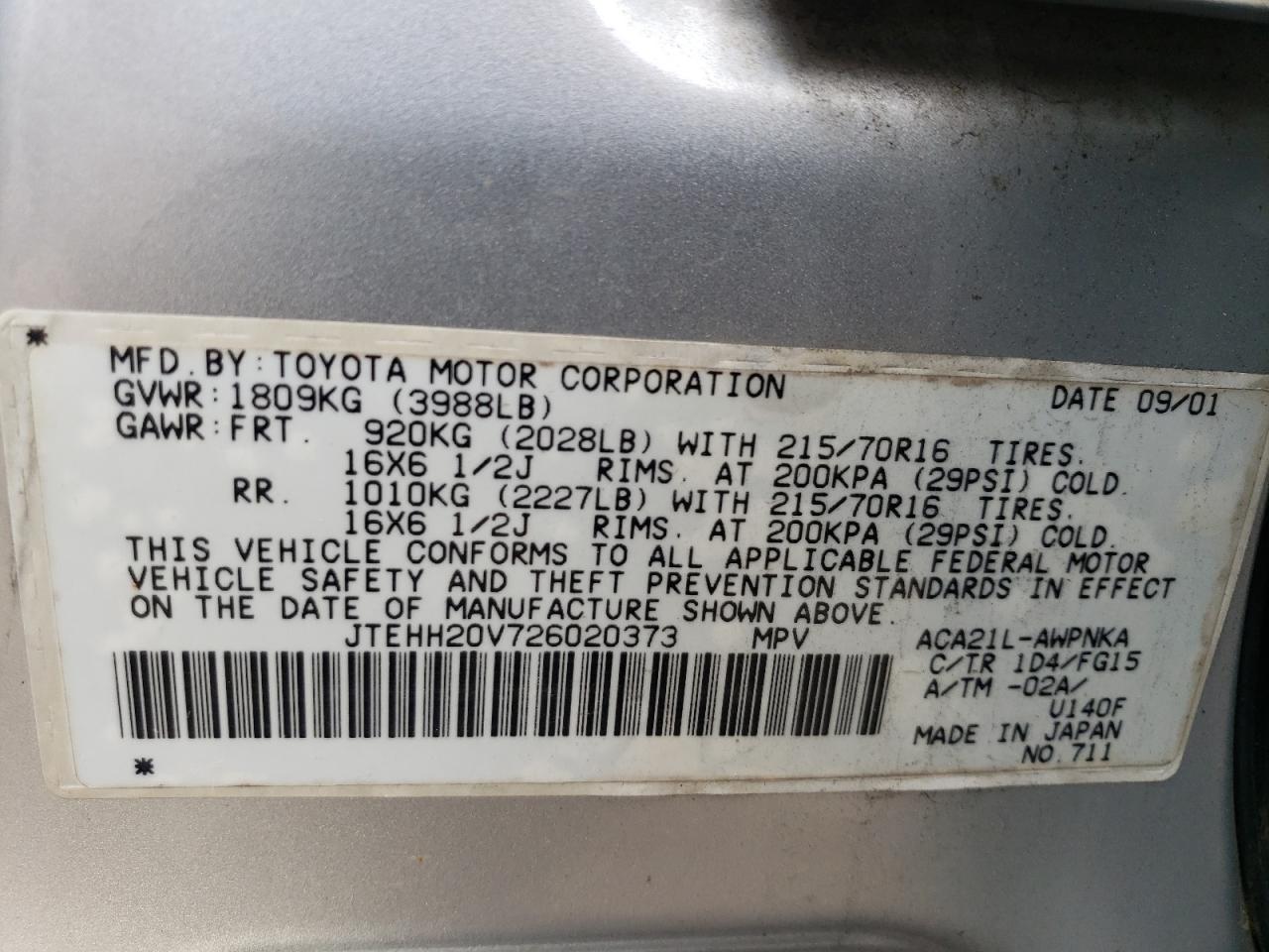 2002 Toyota Rav4 VIN: JTEHH20V726020373 Lot: 57758644