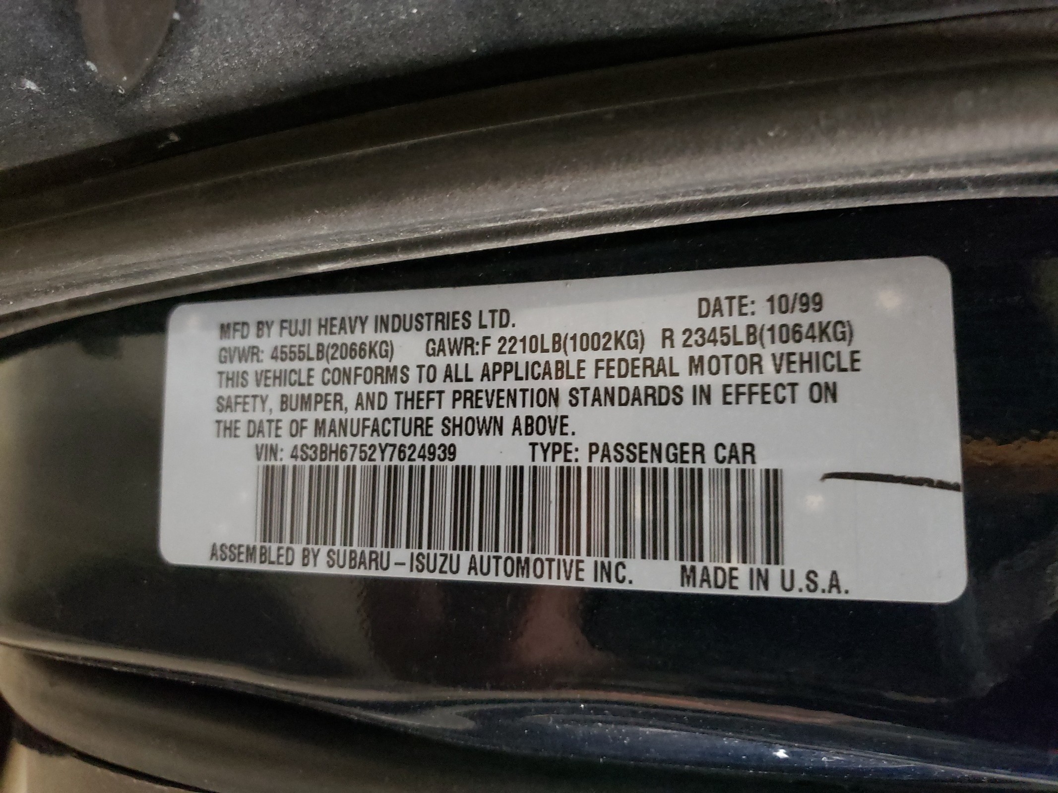 4S3BH6752Y7624939 2000 Subaru Legacy Outback Awp