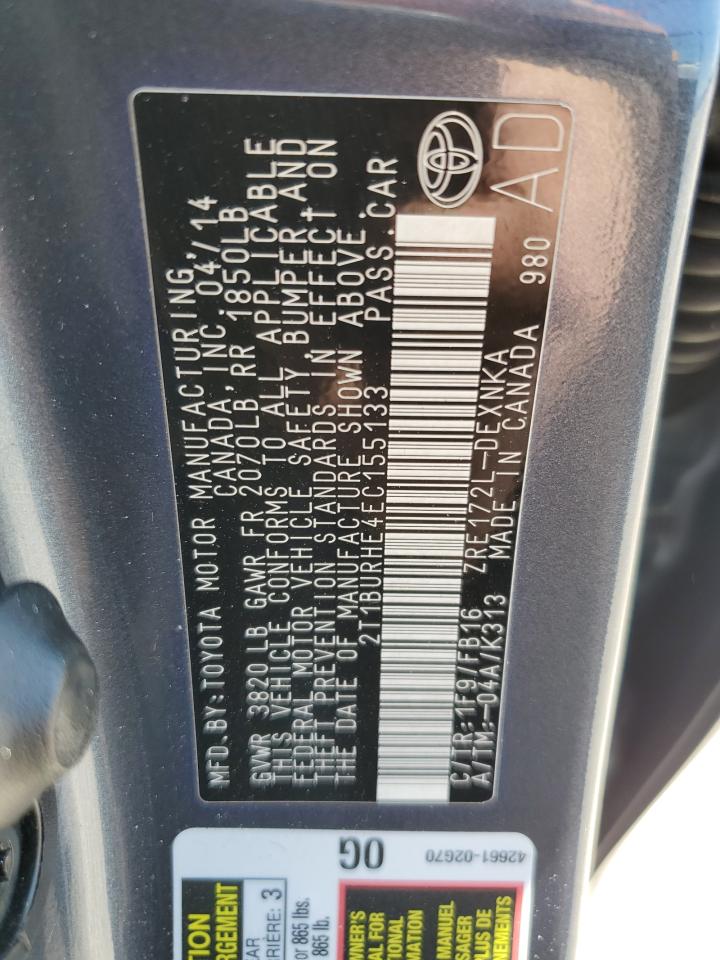 2014 Toyota Corolla L VIN: 2T1BURHE4EC155133 Lot: 60248914