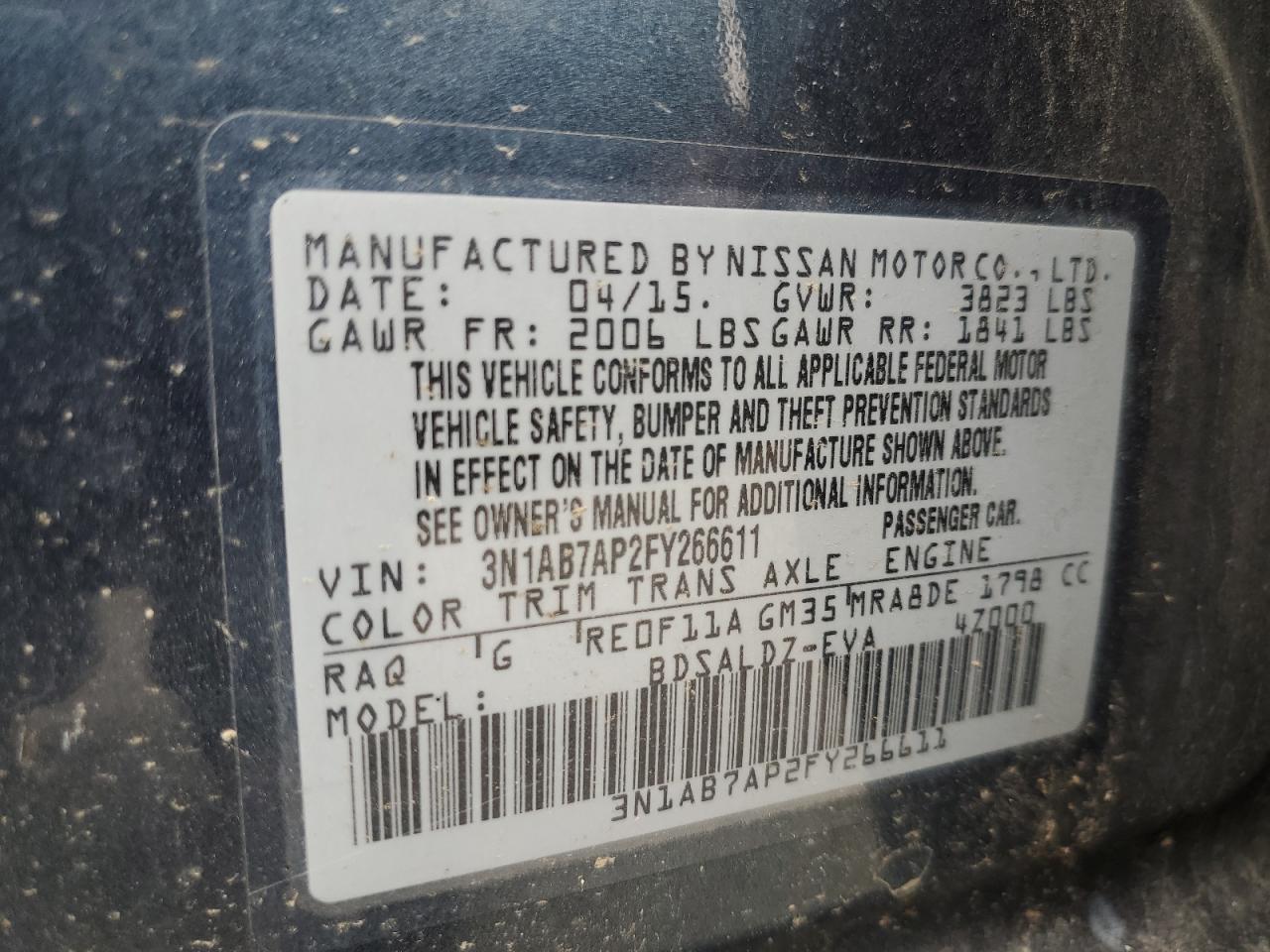 2015 Nissan Sentra S VIN: 3N1AB7AP2FY266611 Lot: 58734664