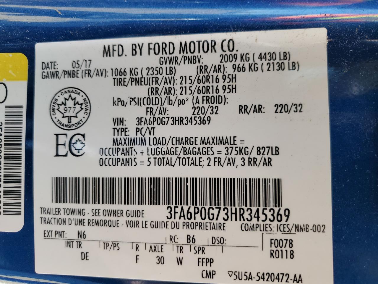 3FA6P0G73HR345369 2017 FORD FUSION - Image 12