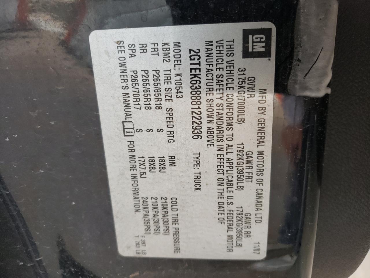 2008 GMC New Sierra K1500 Denali VIN: 2GTEK638881222936 Lot: 57630014