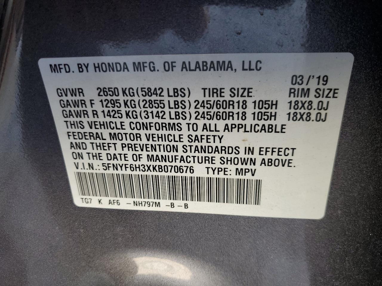 5FNYF6H3XKB070676 2019 HONDA PILOT - Image 13