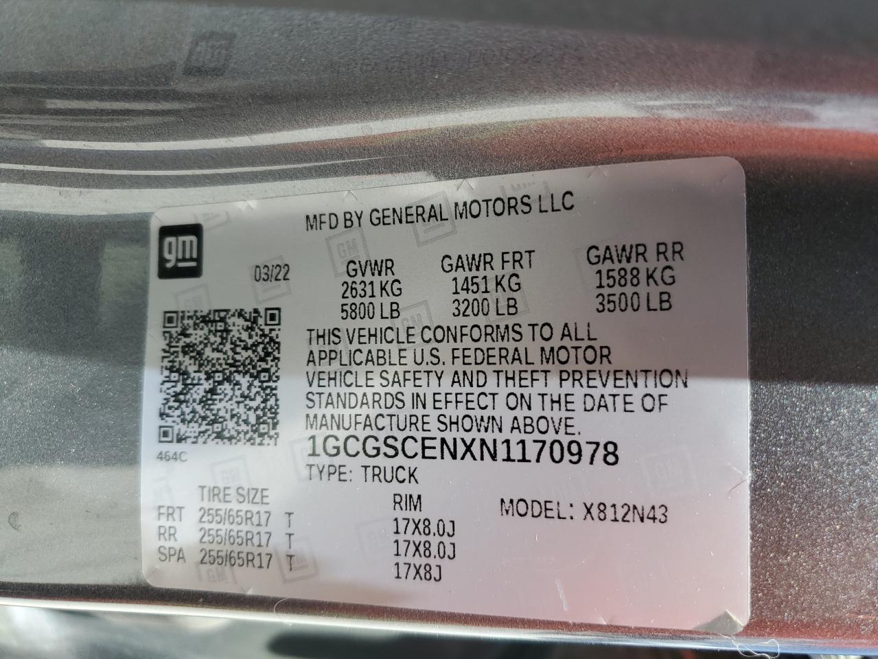 2022 Chevrolet Colorado Lt VIN: 1GCGSCENXN1170978 Lot: 57739684