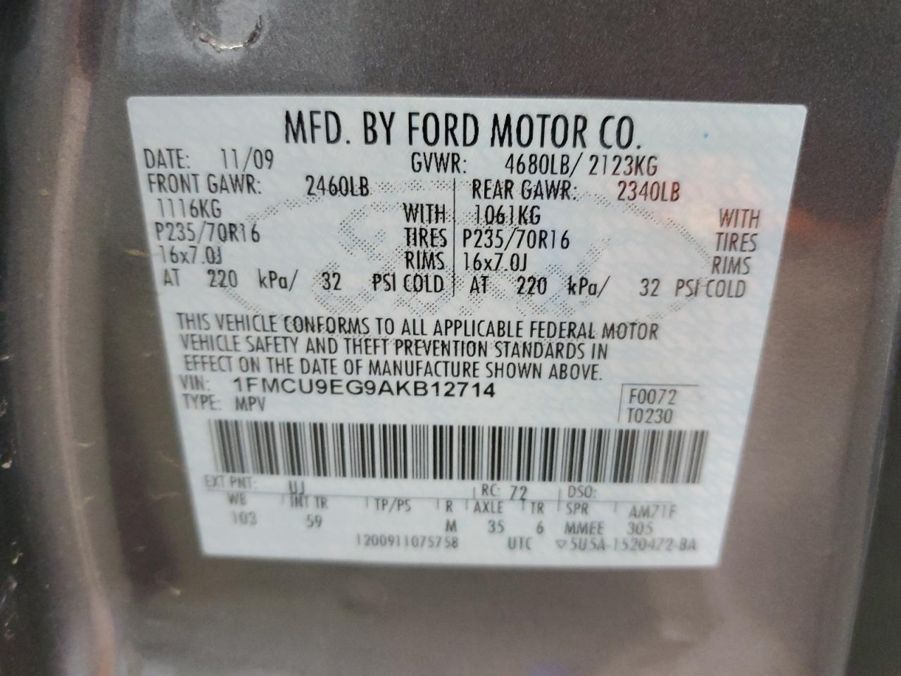 2010 Ford Escape Limited VIN: 1FMCU9EG9AKB12714 Lot: 57573544