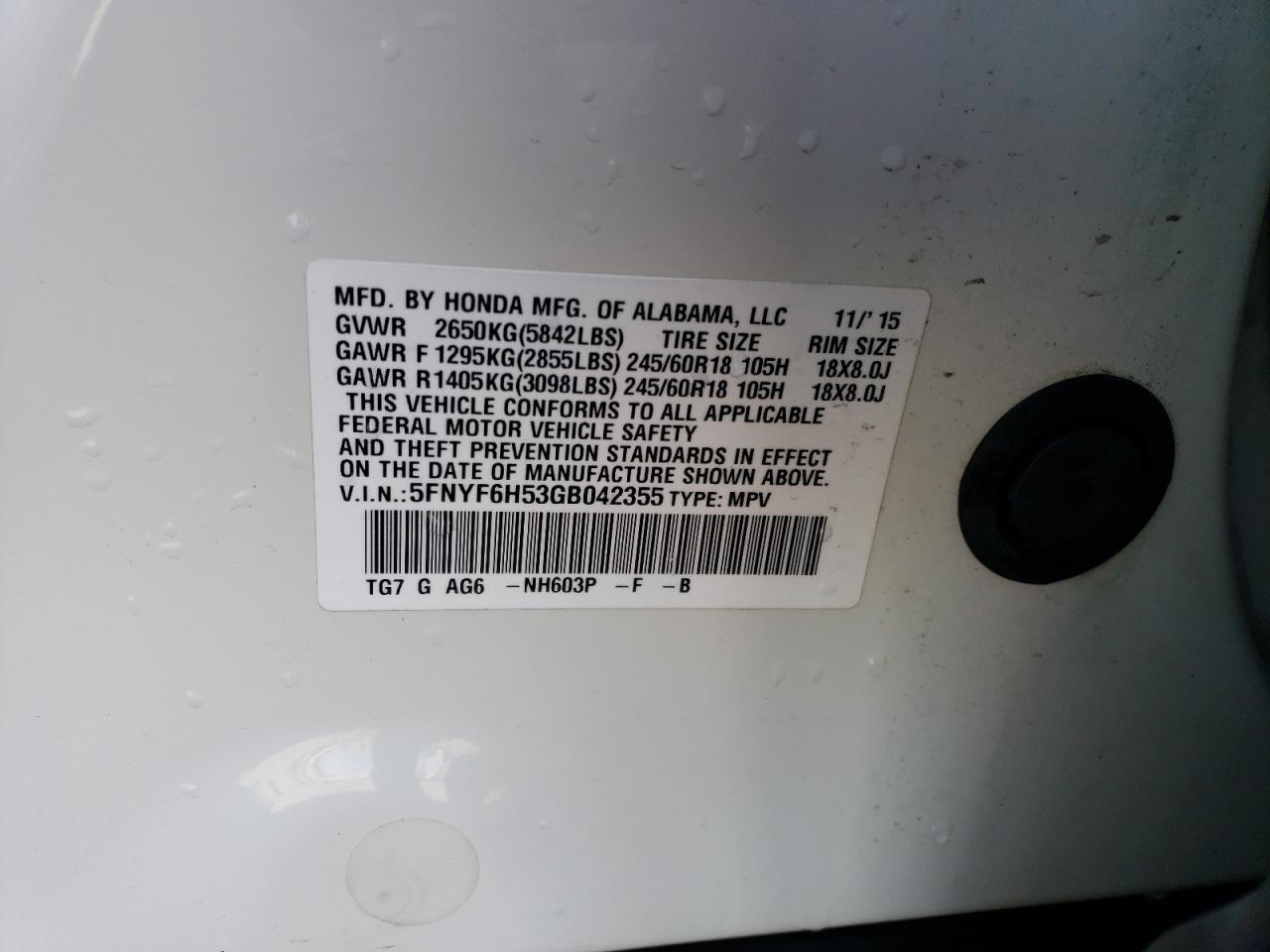 2016 Honda Pilot Exl VIN: 5FNYF6H53GB042355 Lot: 60770674