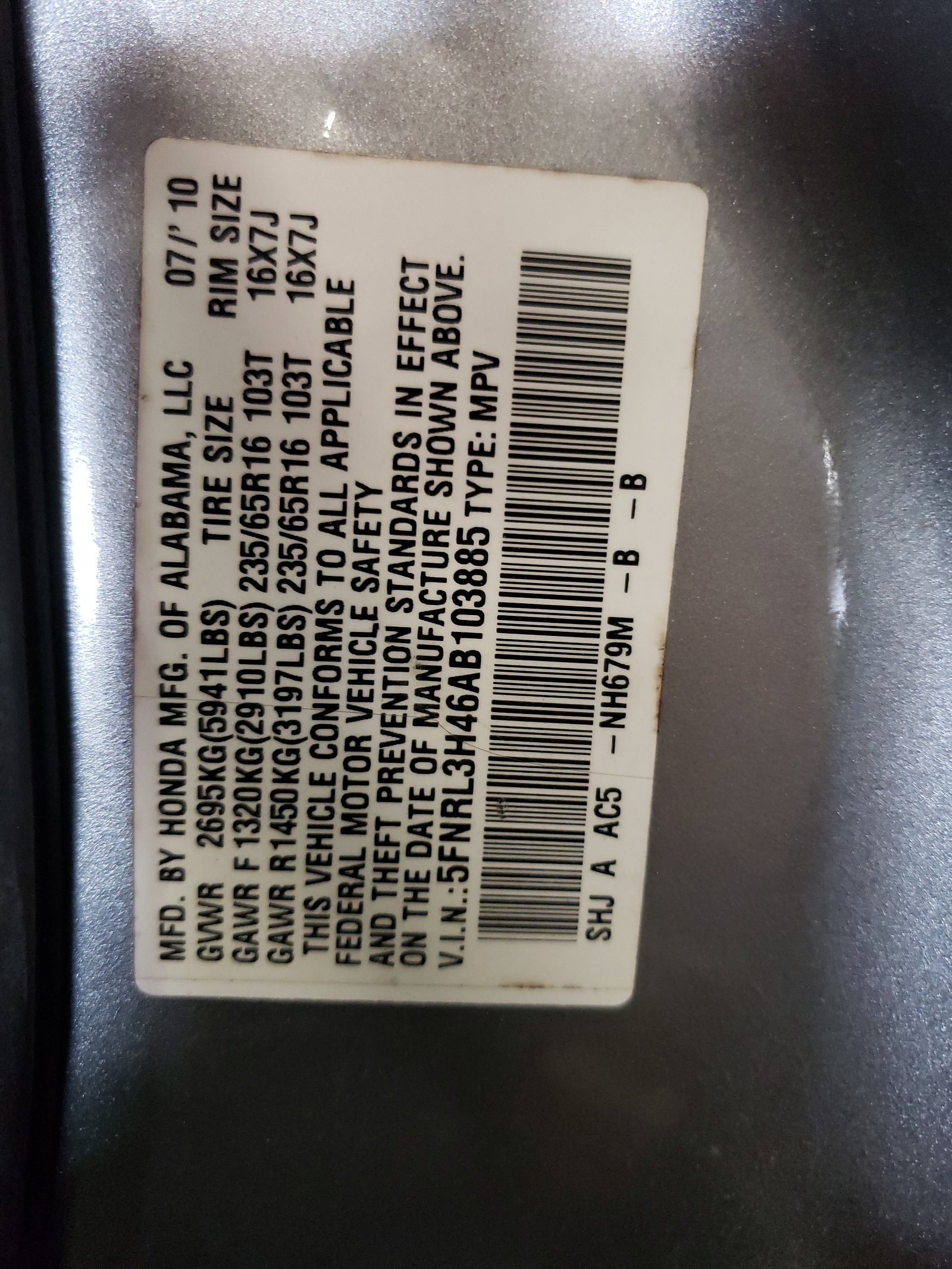 5FNRL3H46AB103885 2010 Honda Odyssey Ex