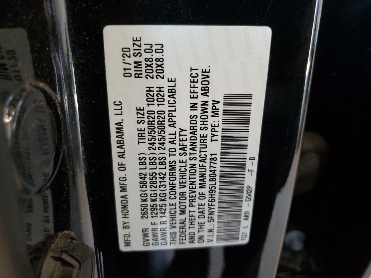 2020 Honda Pilot Touring VIN: 5FNYF6H95LB047781 Lot: 60904454