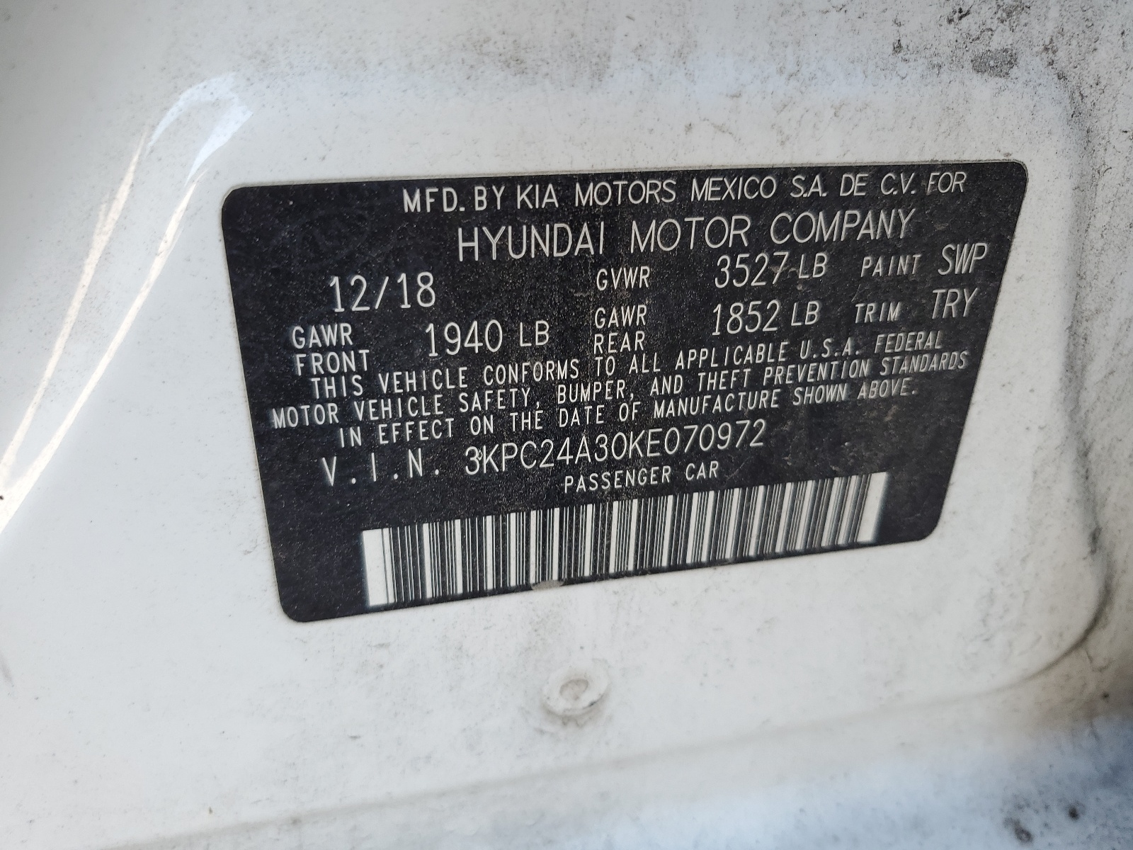 3KPC24A30KE070972 2019 Hyundai Accent Se