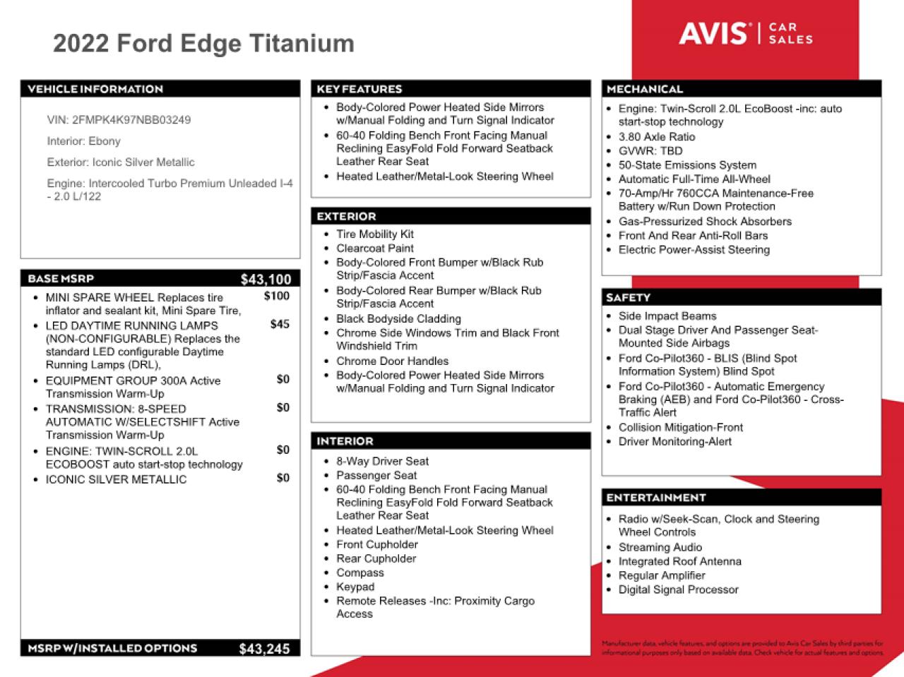 2022 Ford Edge Titanium VIN: 2FMPK4K97NBB03249 Lot: 60120334