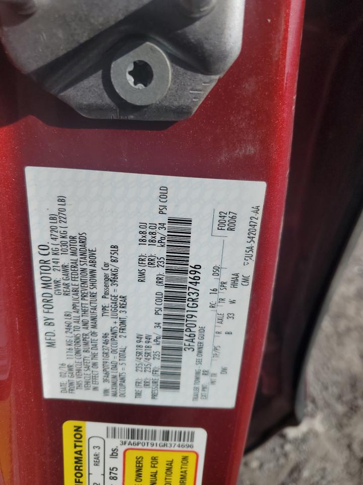 2016 Ford Fusion Se VIN: 3FA6P0T91GR374696 Lot: 58781204