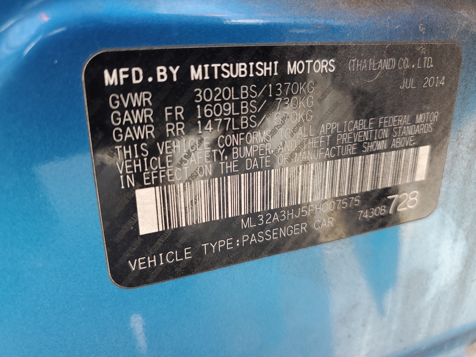 ML32A3HJ5FH007575 2015 Mitsubishi Mirage De