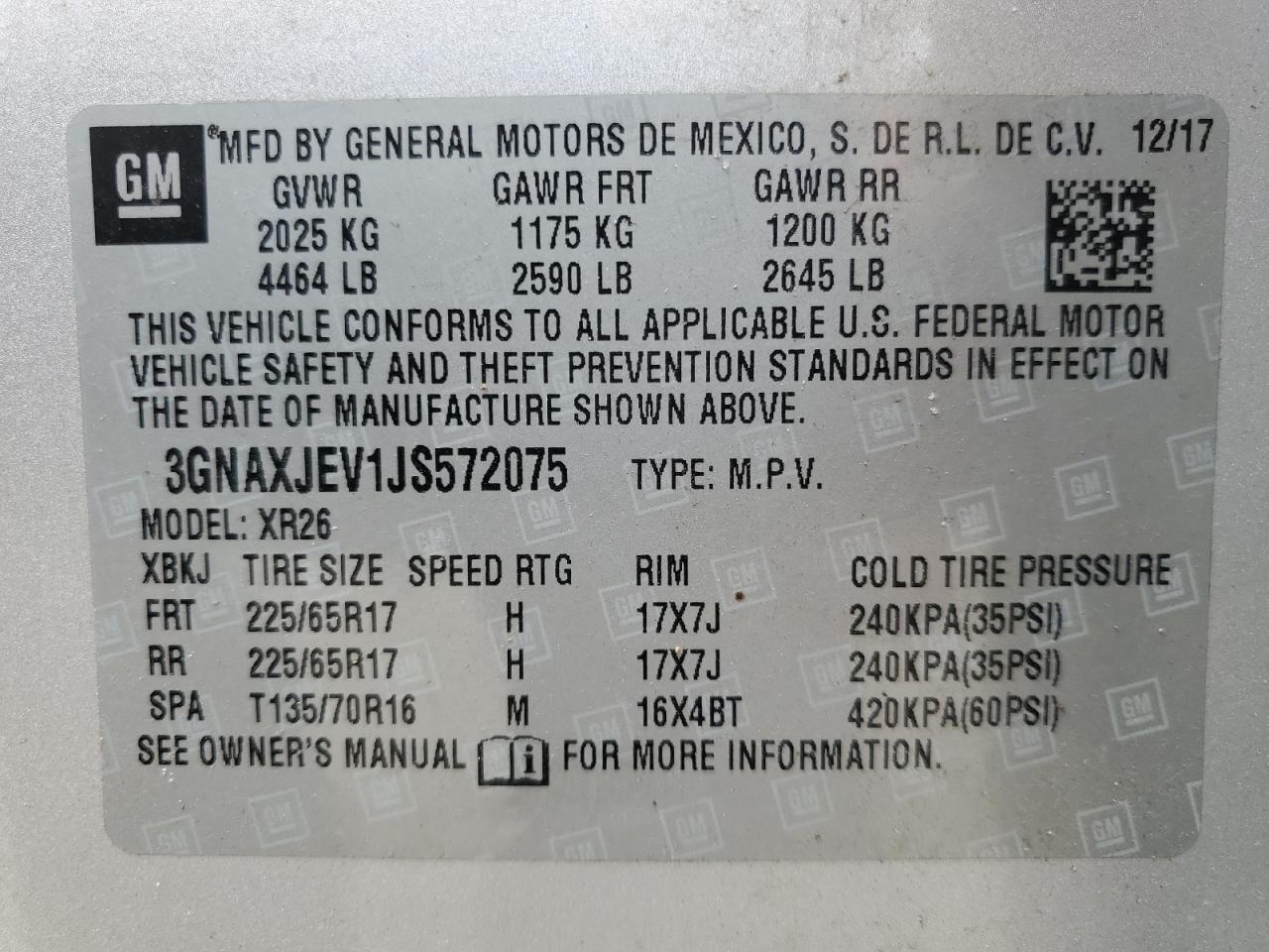 3GNAXJEV1JS572075 2018 Chevrolet Equinox Lt