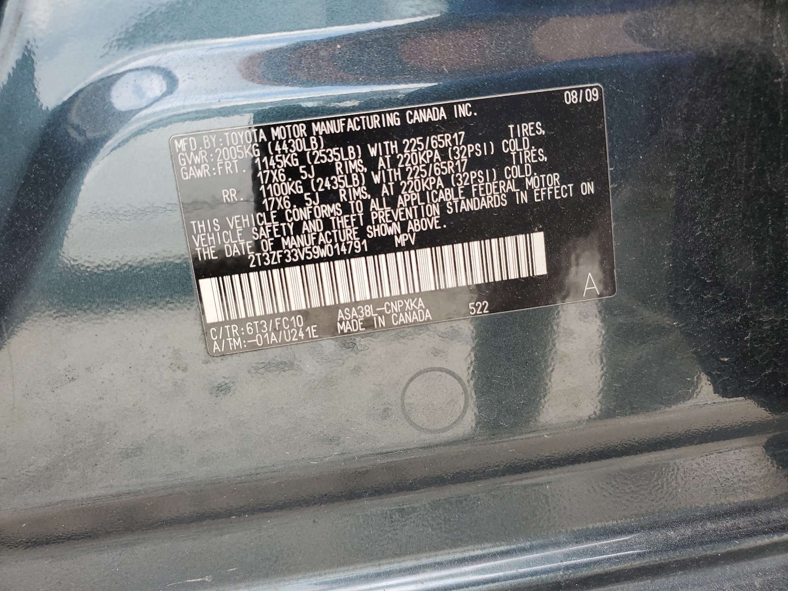 2T3ZF33V59W014791 2009 Toyota Rav4