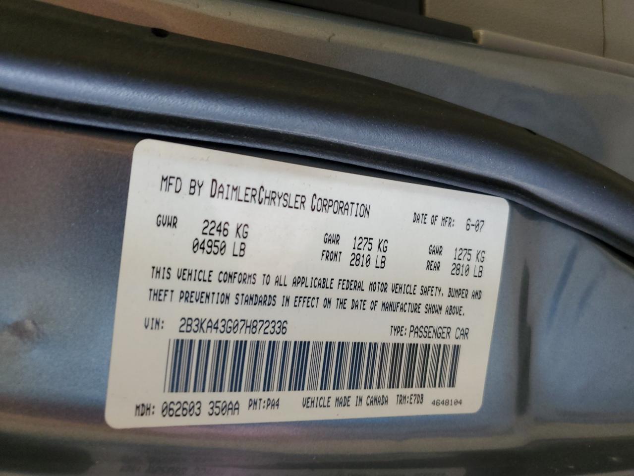 2007 Dodge Charger Se VIN: 2B3KA43G07H872336 Lot: 60470624