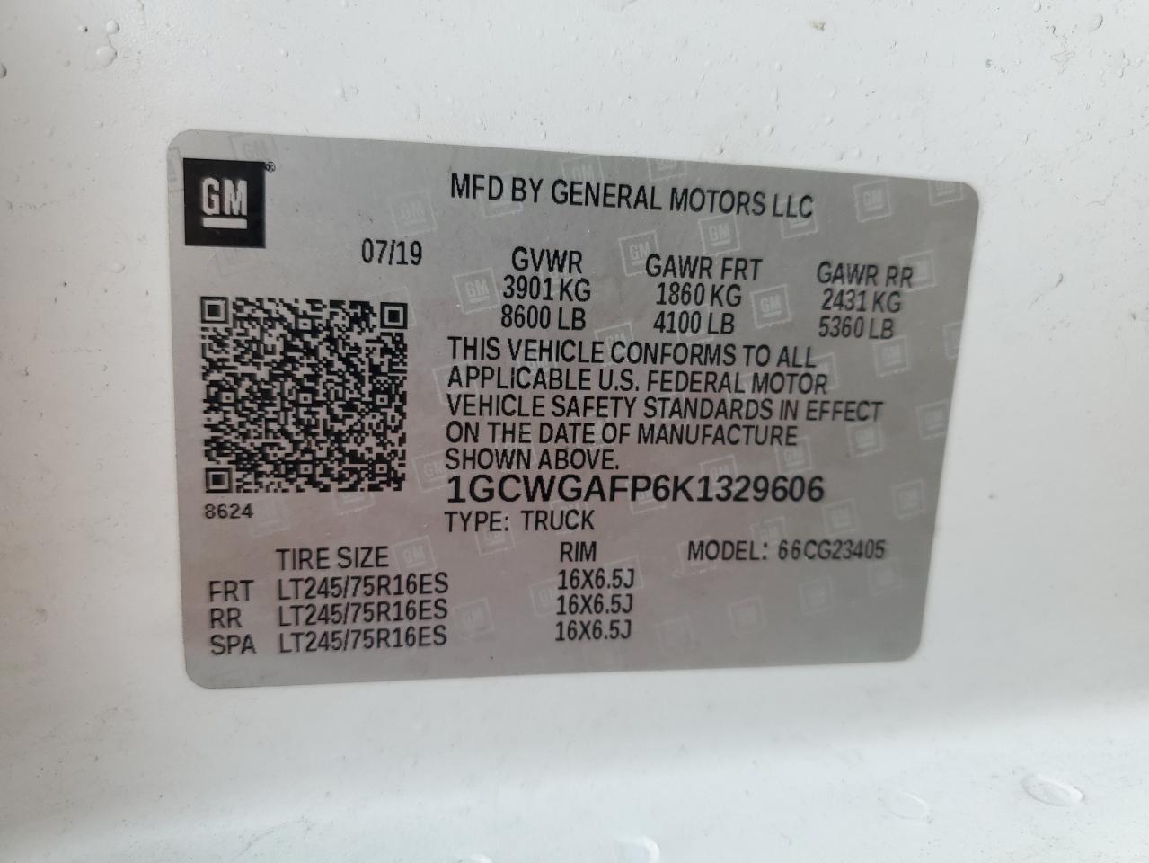 2019 Chevrolet Express G2500 VIN: 1GCWGAFP6K1329606 Lot: 57849154